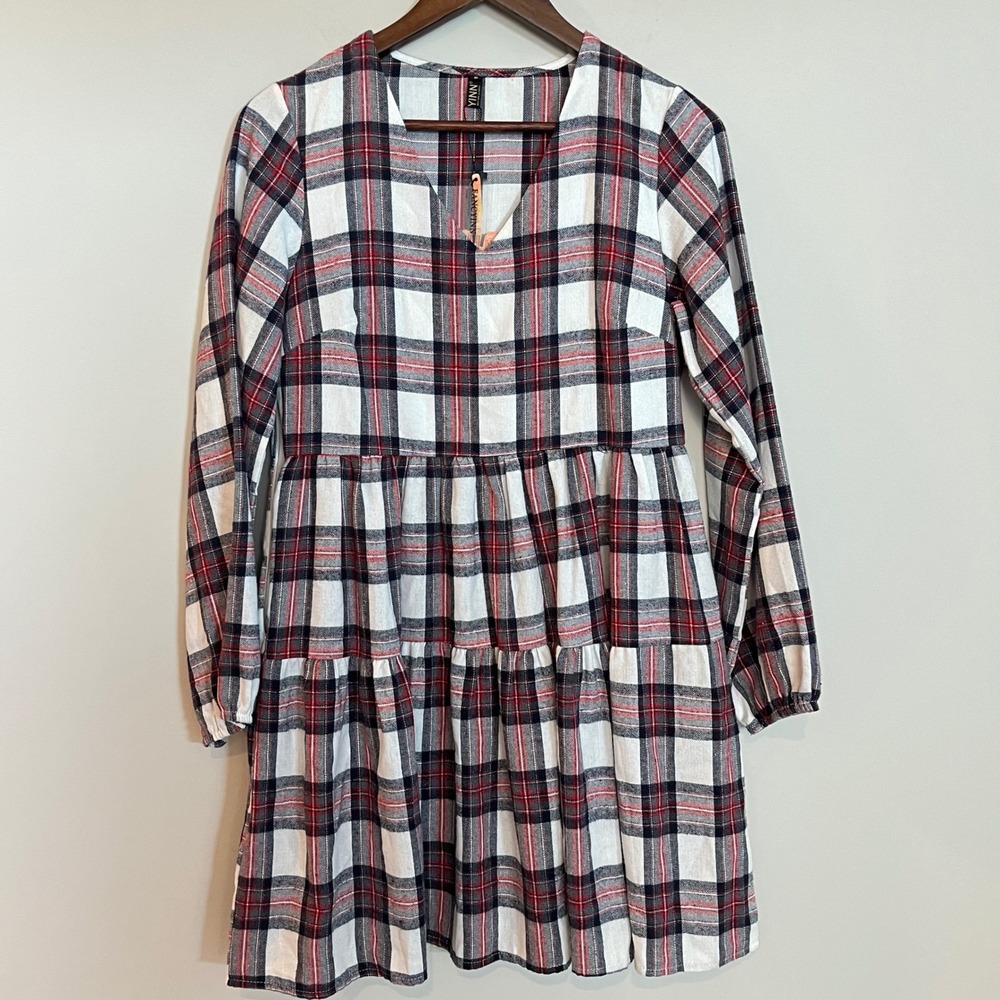 Fancyinn Womens Plaid Tiered Mini Dress Red White Black V-Neck Long Sleeve Small